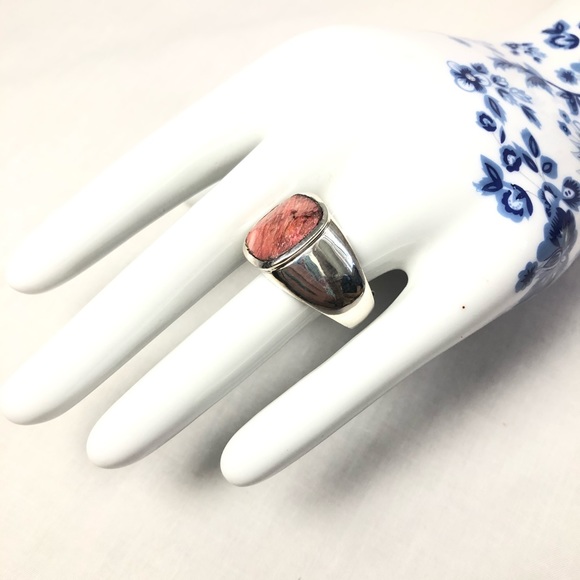 Rhodochrosite Signet Ring Cushion Pink 925 Silver Square Semi Precious Sz 8.25 - Picture 2 of 16